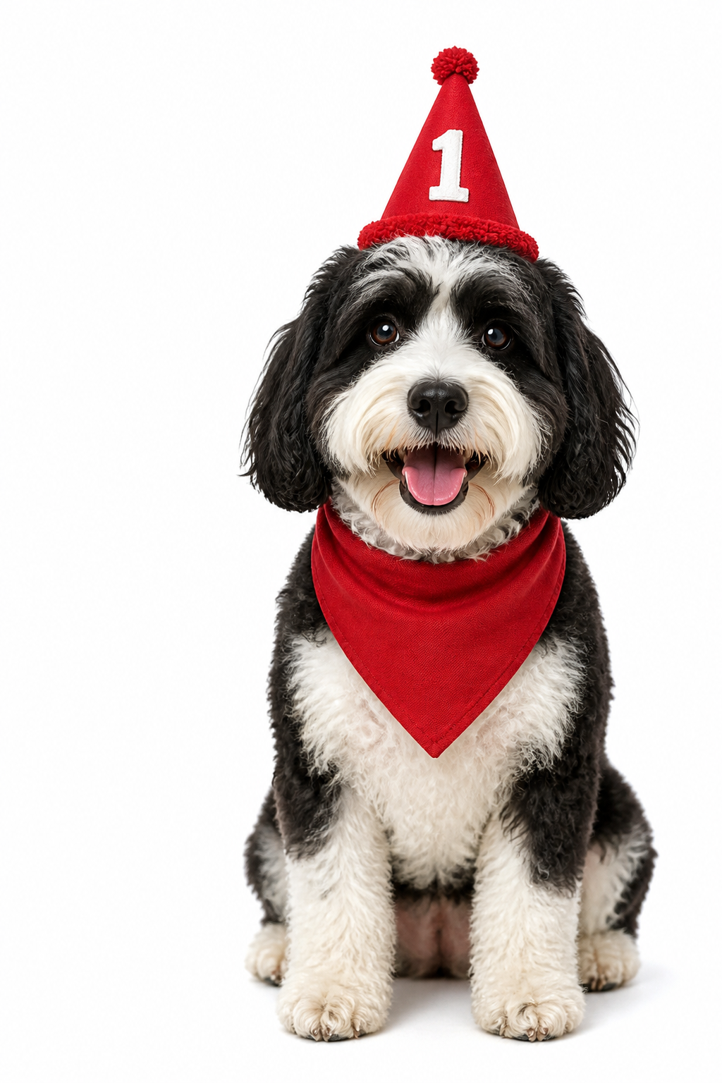 Milo, a black and white dog wearing a red first-birthday hat and bandana